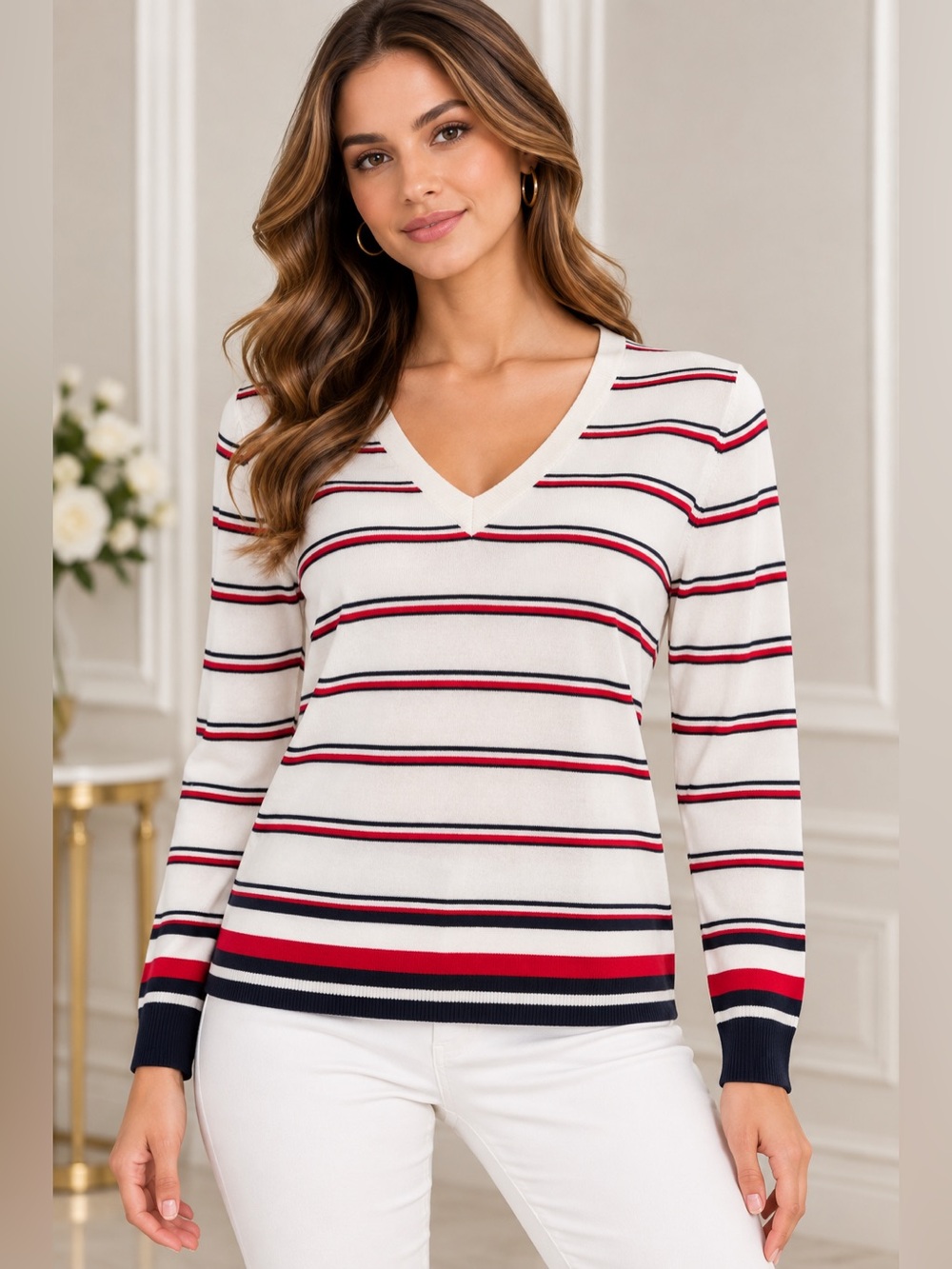 NWT Tommy Hilfiger Ivy Striped V-Neck Sweater Ivory Red Navy M Cotton